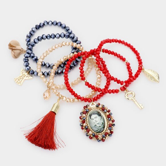 Gorgeous Frida Kahlo Theme Tassel Charm Beaded 7PC Bracelet SET NEW - Picture 2 of 2